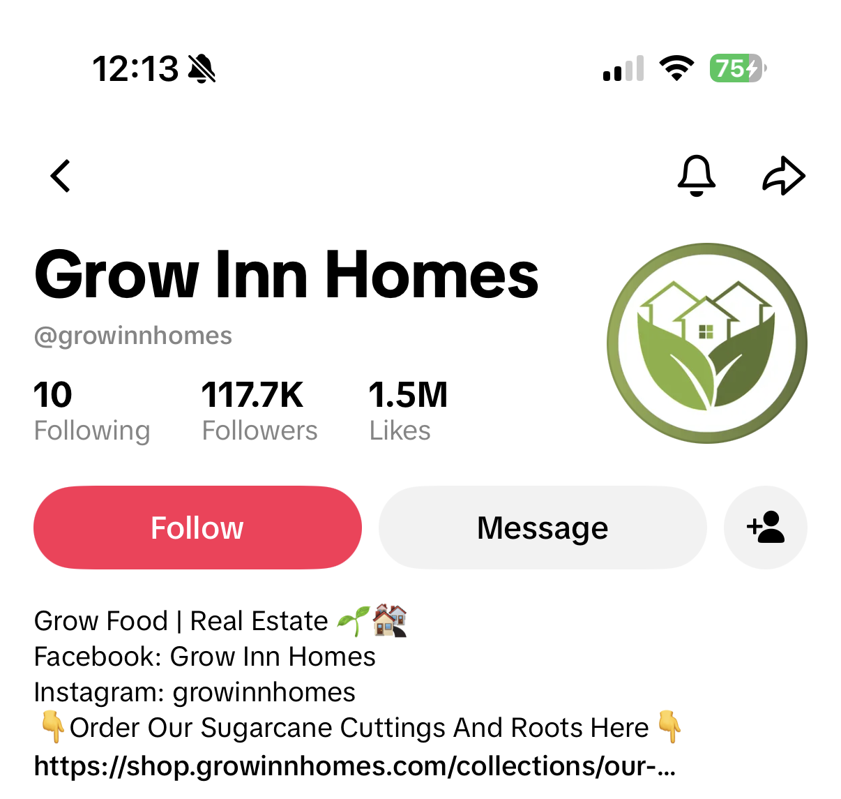 Grow Inn Homes TikTok profile showing 117.7K followers and 1.5M likes.