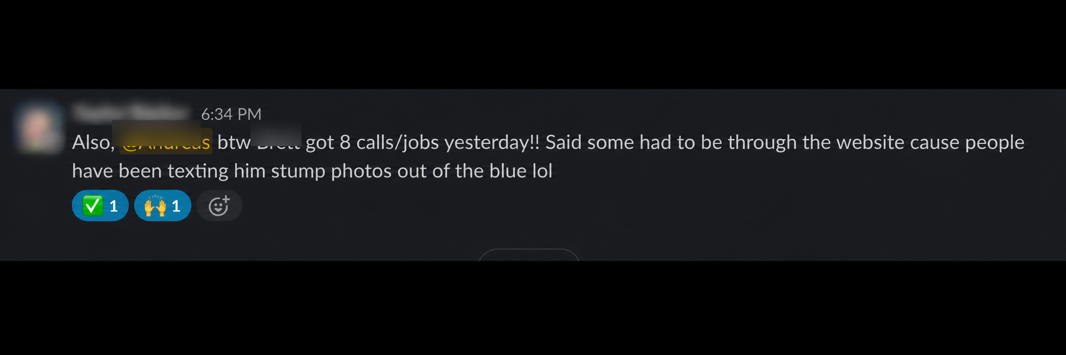 Redacted client feedback reporting eight calls or jobs in one day, including website inquiries and project photos.