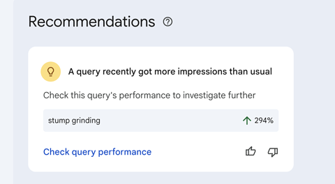 Search Console recommendation showing impressions for the stump grinding query up 294%.