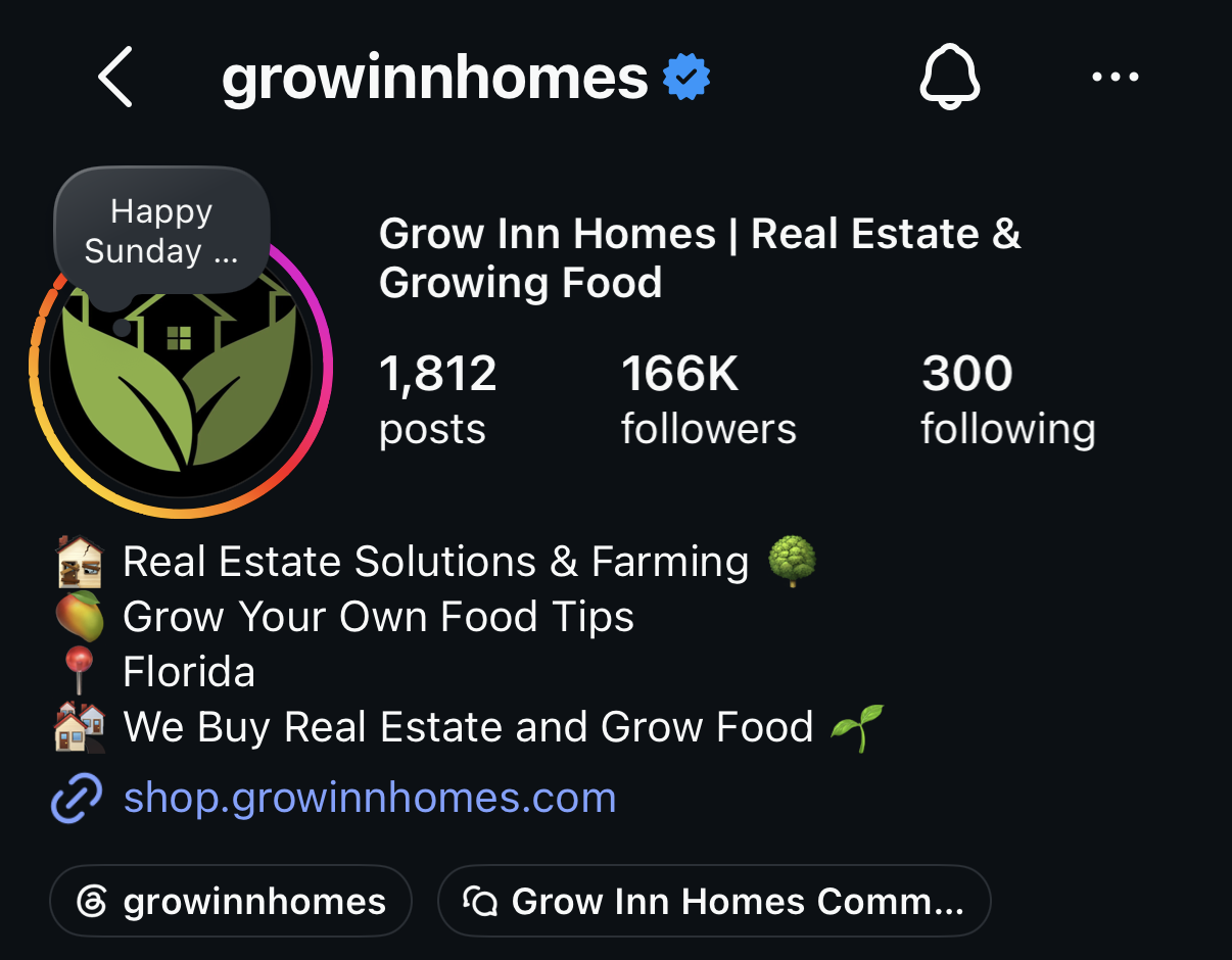 Verified Grow Inn Homes Instagram profile showing 166K followers.